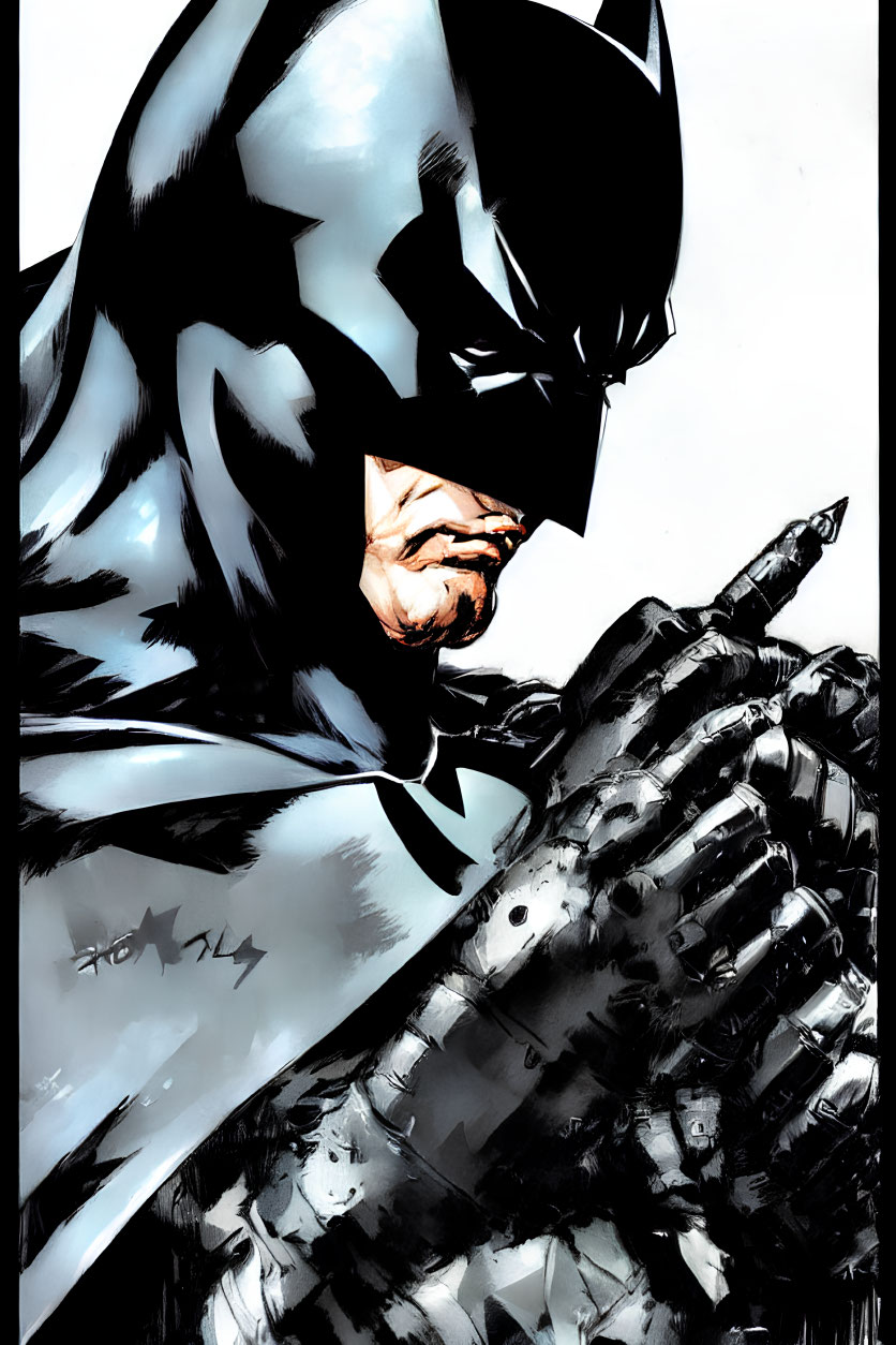 Brooding Batman in iconic cowl and cape with clenched fist