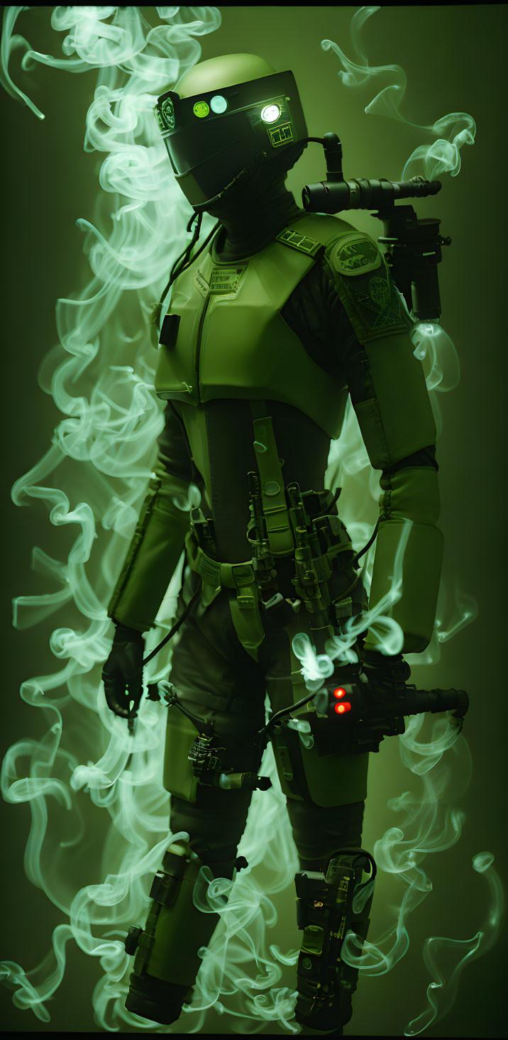 Futuristic robot with tactical gear and green eyes in swirling smoke