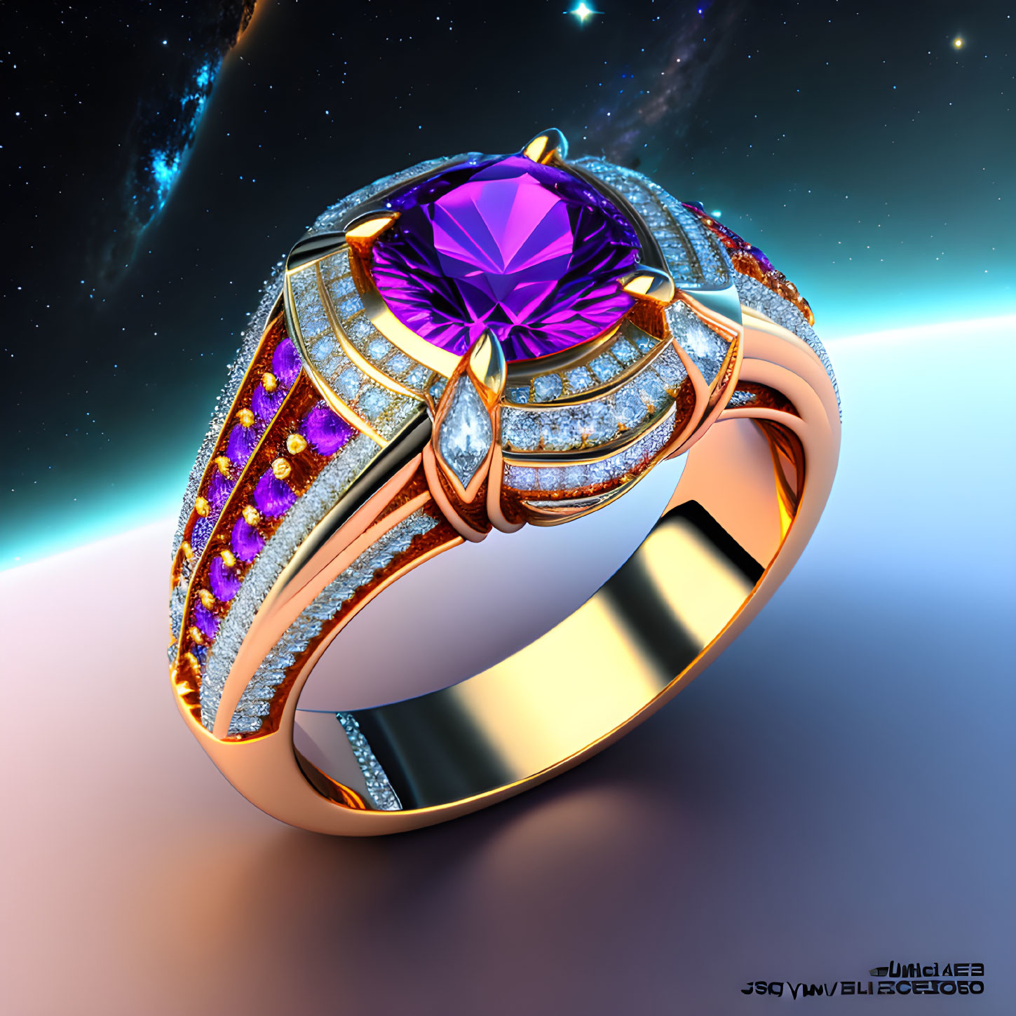 Elegant gold ring with purple gemstone and diamonds on cosmic backdrop