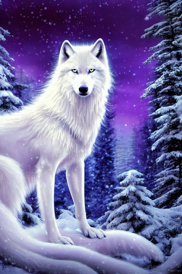 Majestic white wolf in snow-covered forest under starry night sky