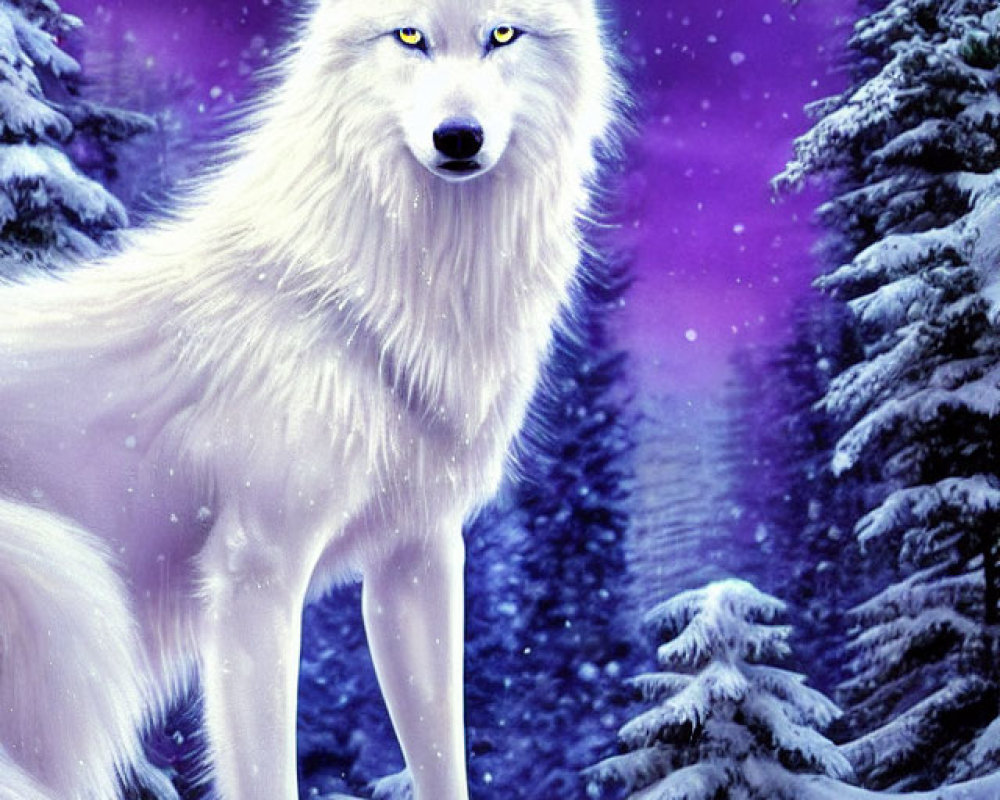 Majestic white wolf in snow-covered forest under starry night sky