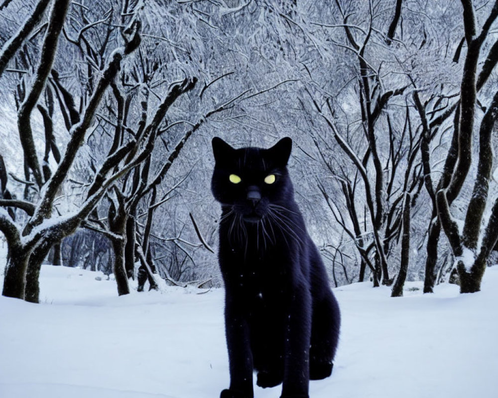 Black Cat with Yellow Eyes in Snowy Forest Setting