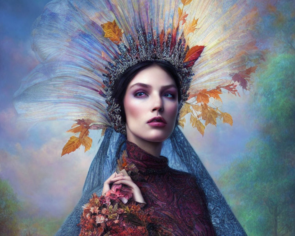 Woman in Autumn Leaf Headdress and Maroon Outfit on Ethereal Background
