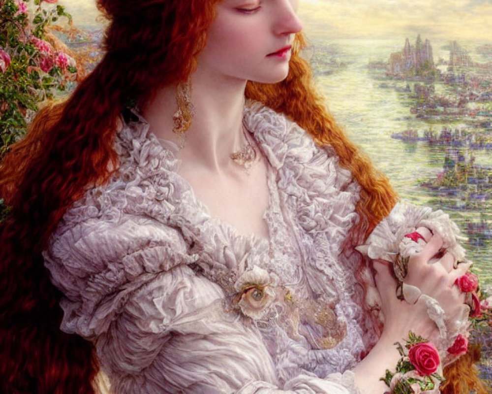 Regal woman with red hair in crown and gown against fantasy backdrop