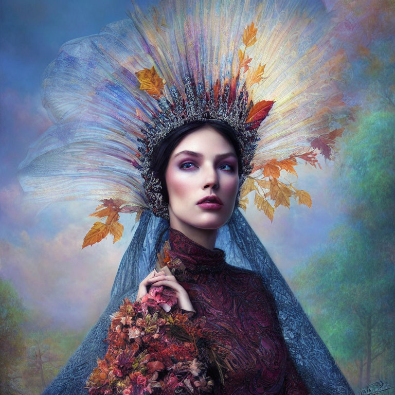 Woman in Autumn Leaf Headdress and Maroon Outfit on Ethereal Background