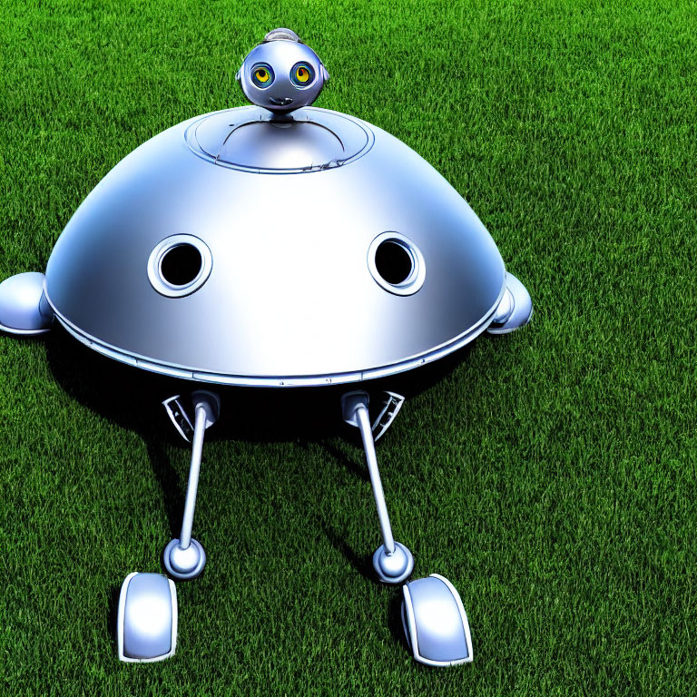 Silver cartoon-style robot with dome body and big eyes on lush green lawn