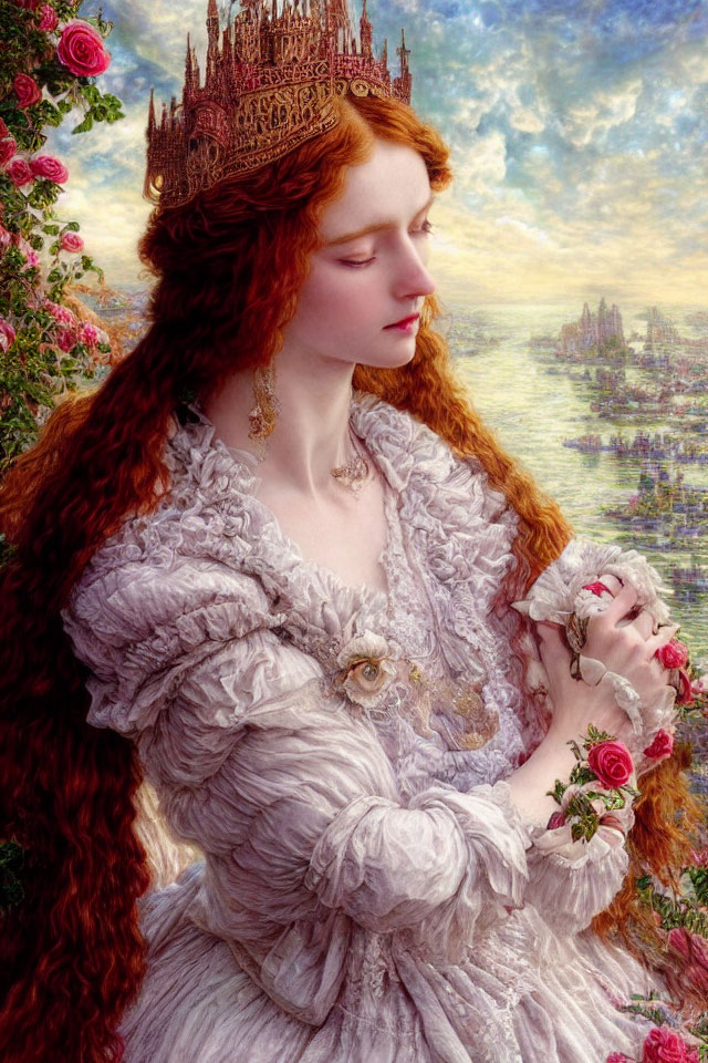 Regal woman with red hair in crown and gown against fantasy backdrop