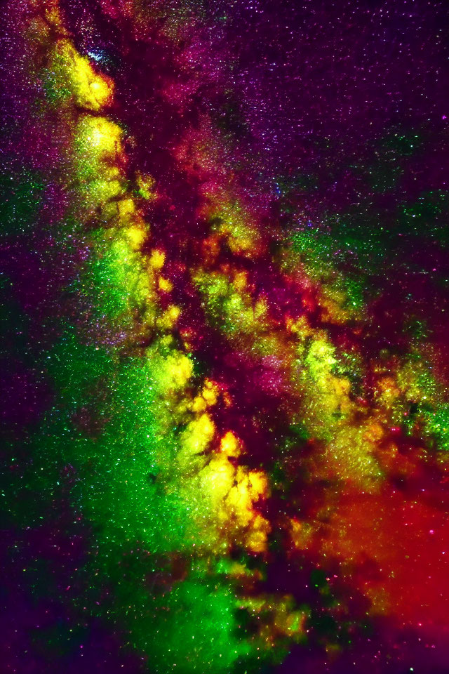 Multicolored Nebula with Swirling Green, Purple, Yellow, and Red Hues