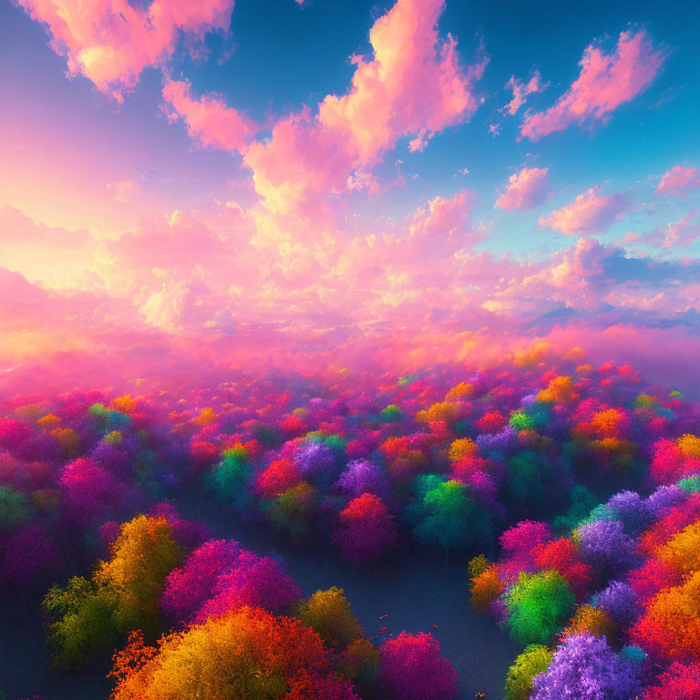 Multicolored forest canopy under pink sunset sky