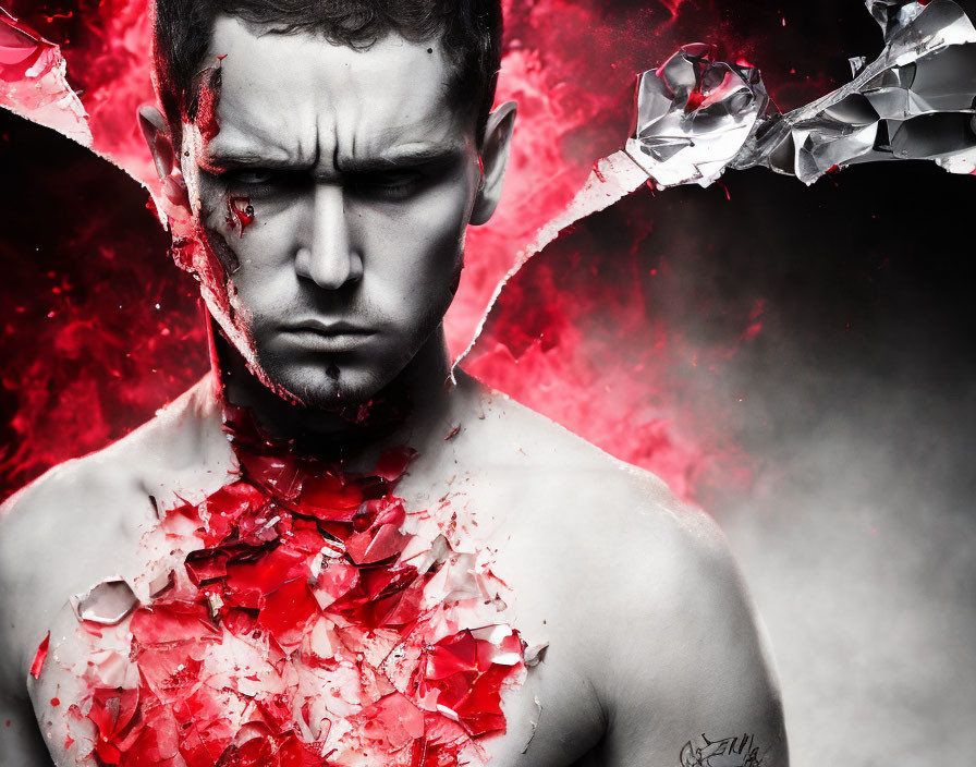 Intense shirtless man with shattered red glass effects and red mist background