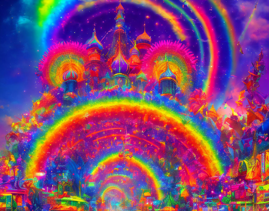 Fantasy landscape with rainbow arcs and colorful castle