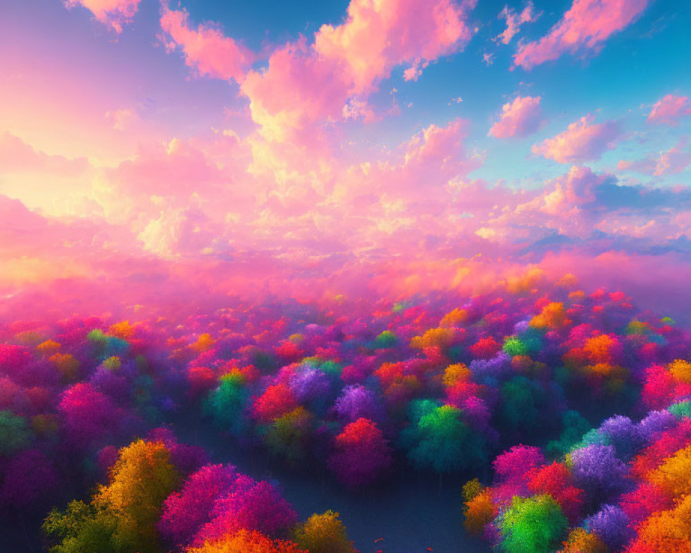 Multicolored forest canopy under pink sunset sky