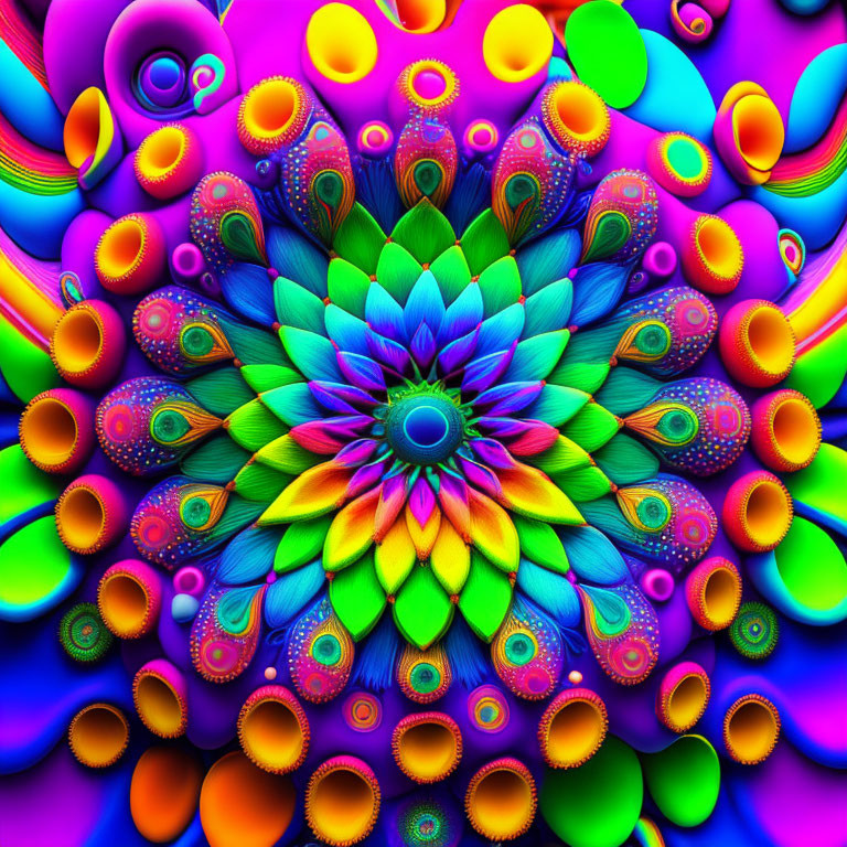 Symmetrical kaleidoscopic pattern with multicolored petals on neon background