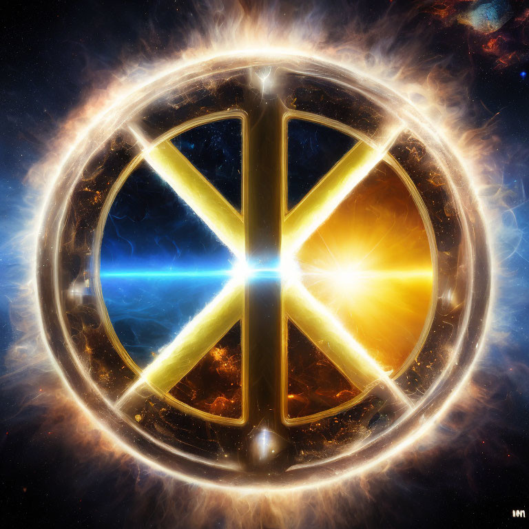 Colorful cosmic symbol with four sections in blue and gold, surrounded by celestial fire on starry background