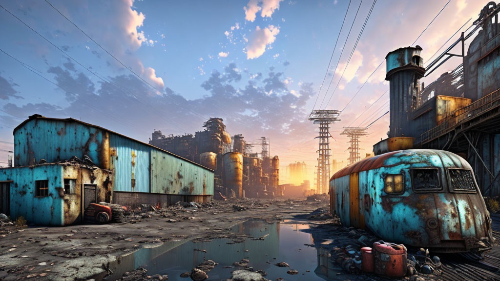 Rusted buildings and derelict vehicles in post-apocalyptic sunset landscape