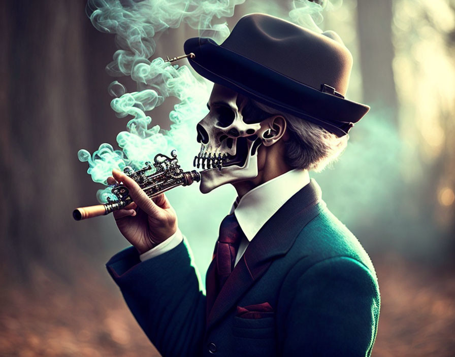 Skull-faced figure in fedora with smoking device, suit, forest backdrop