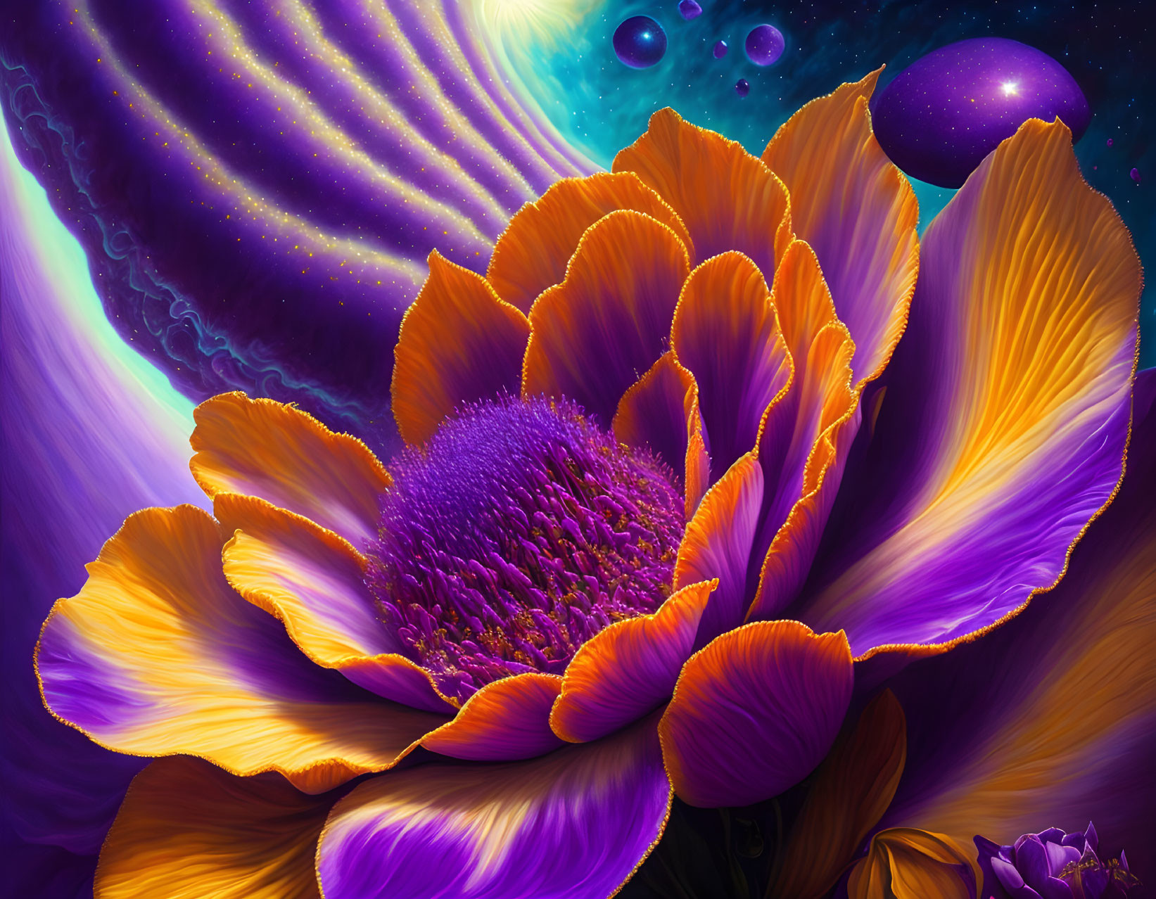 Colorful digital artwork: Orange and purple flower on cosmic background