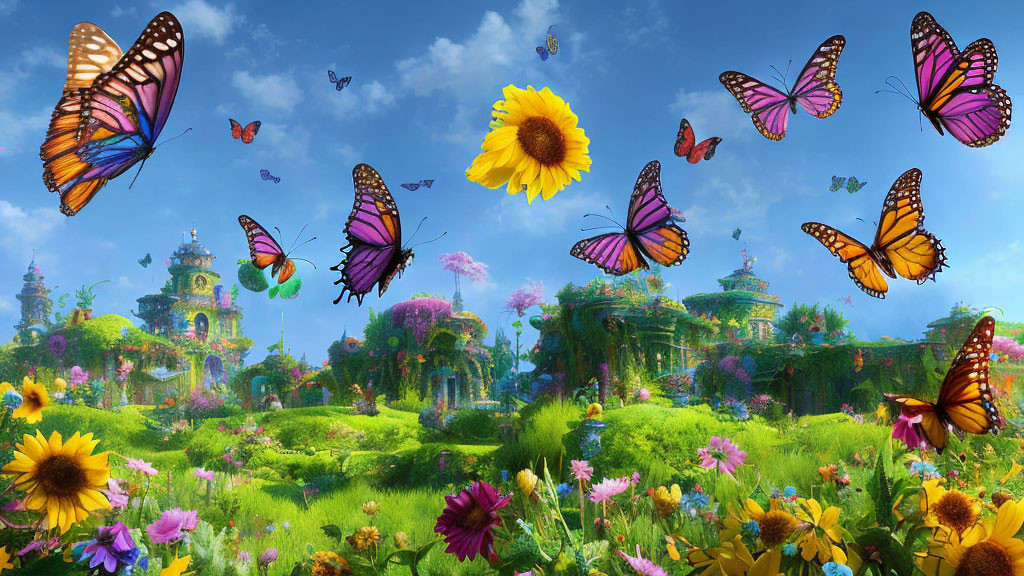 Lush Green Meadow with Colorful Flowers and Butterflies