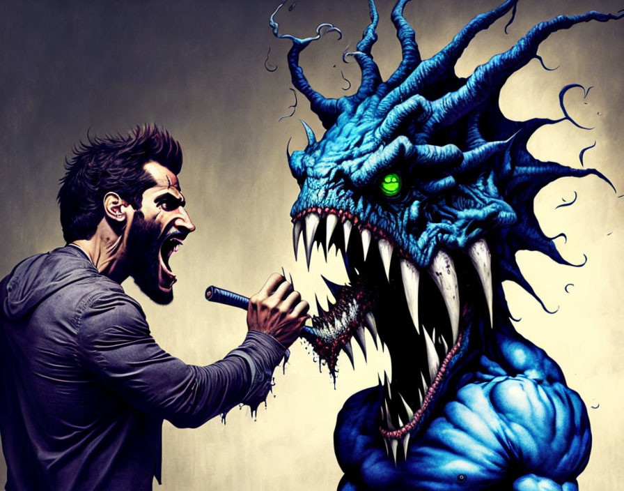 Man yelling at monstrous blue creature in animated image