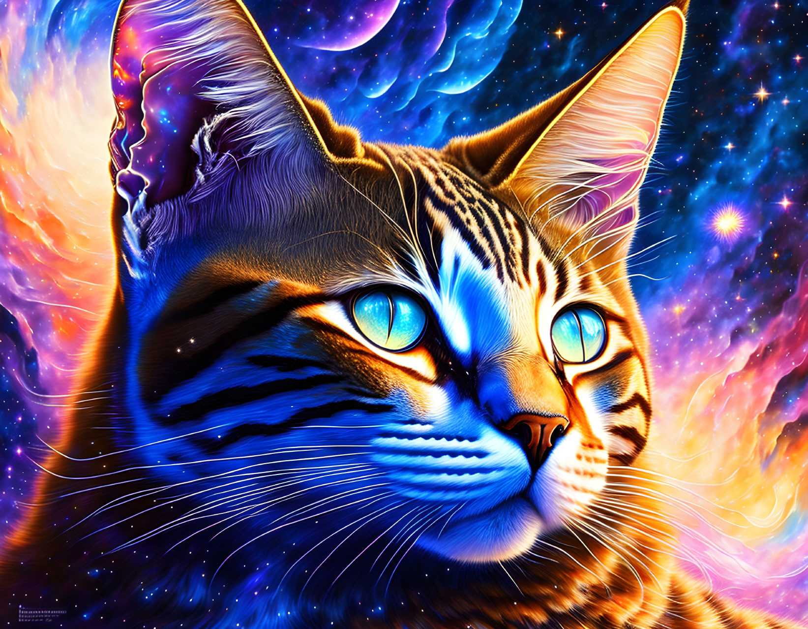 Colorful digital artwork: Cat with blue eyes in cosmic background