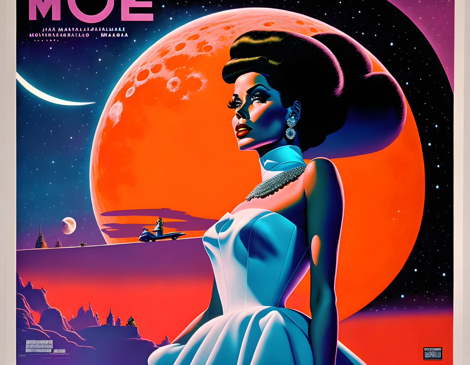 Retro-futuristic poster featuring a woman in blue dress with red moon backdrop