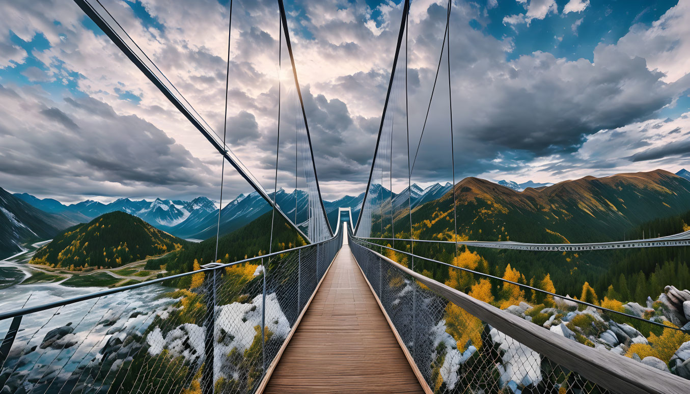 Panoramic view of suspension bridge over mountain river