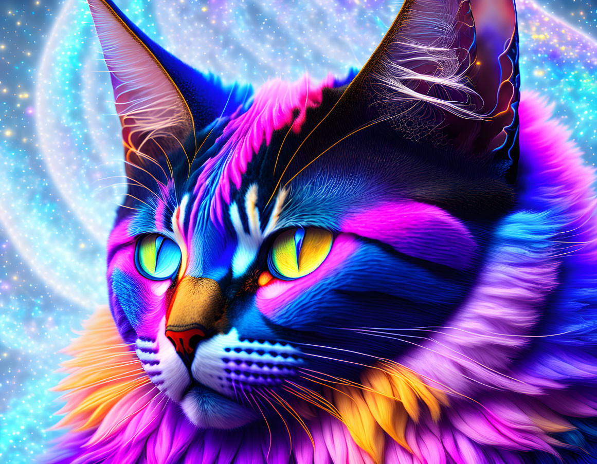 Colorful Cat Artwork with Yellow Eyes on Cosmic Background