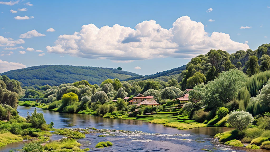 Tranquil river landscape with greenery, clouds, and buildings