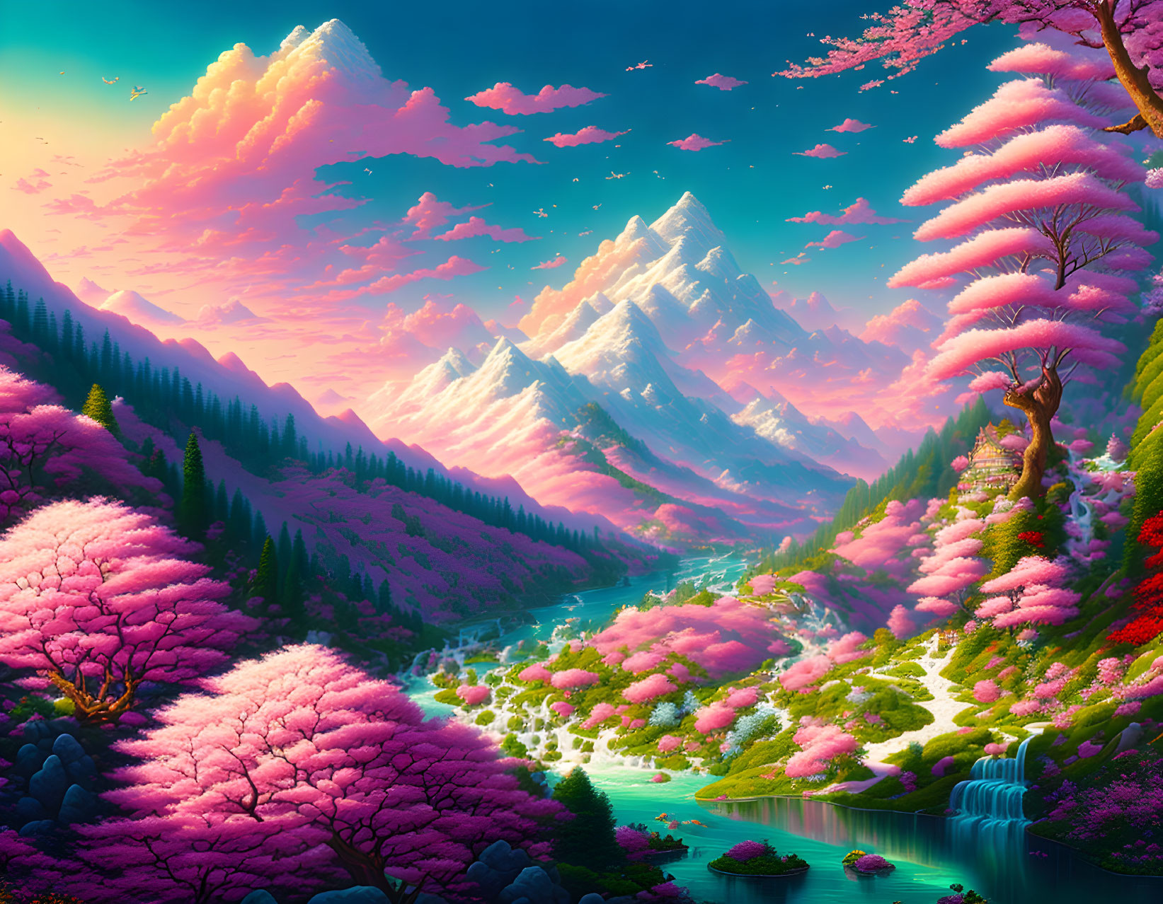 Colorful landscape with pink trees, river, waterfalls, and snowy mountains