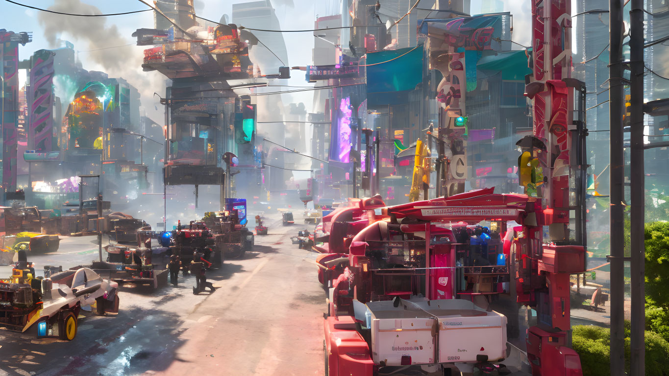 Futuristic cityscape with neon signs and flying vehicles