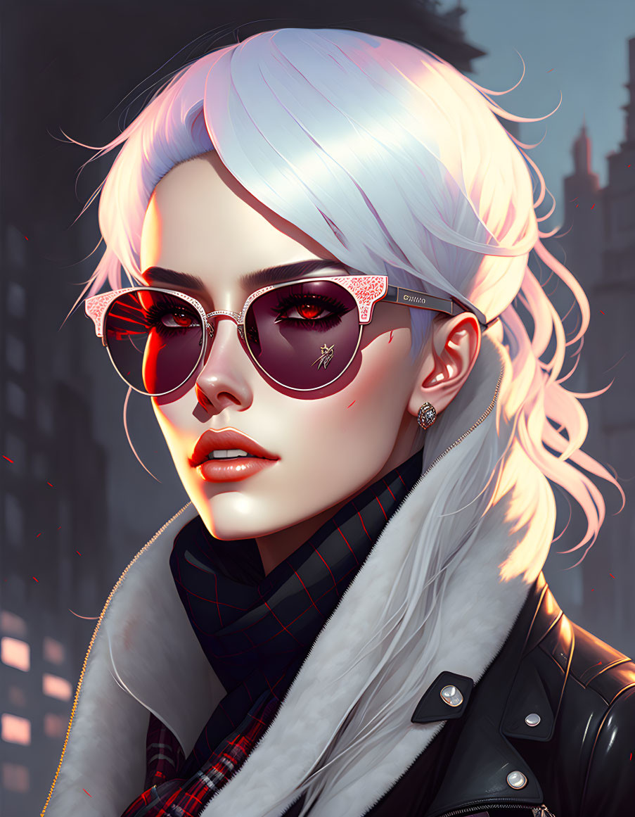 Digital portrait: Woman with white hair, red sunglasses, earrings, leather jacket, urban backdrop