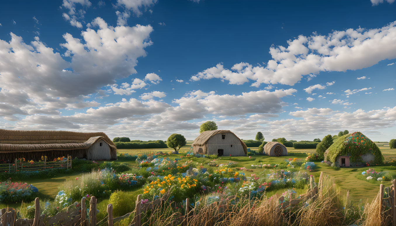 Rural landscape with thatched cottages, wildflowers, green fields, blue sky