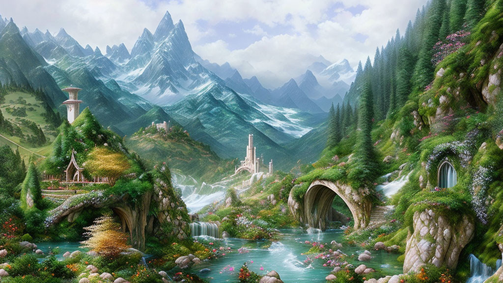 Scenic Valley with River, Waterfalls, Greenery, Bridges & Ancient Structures