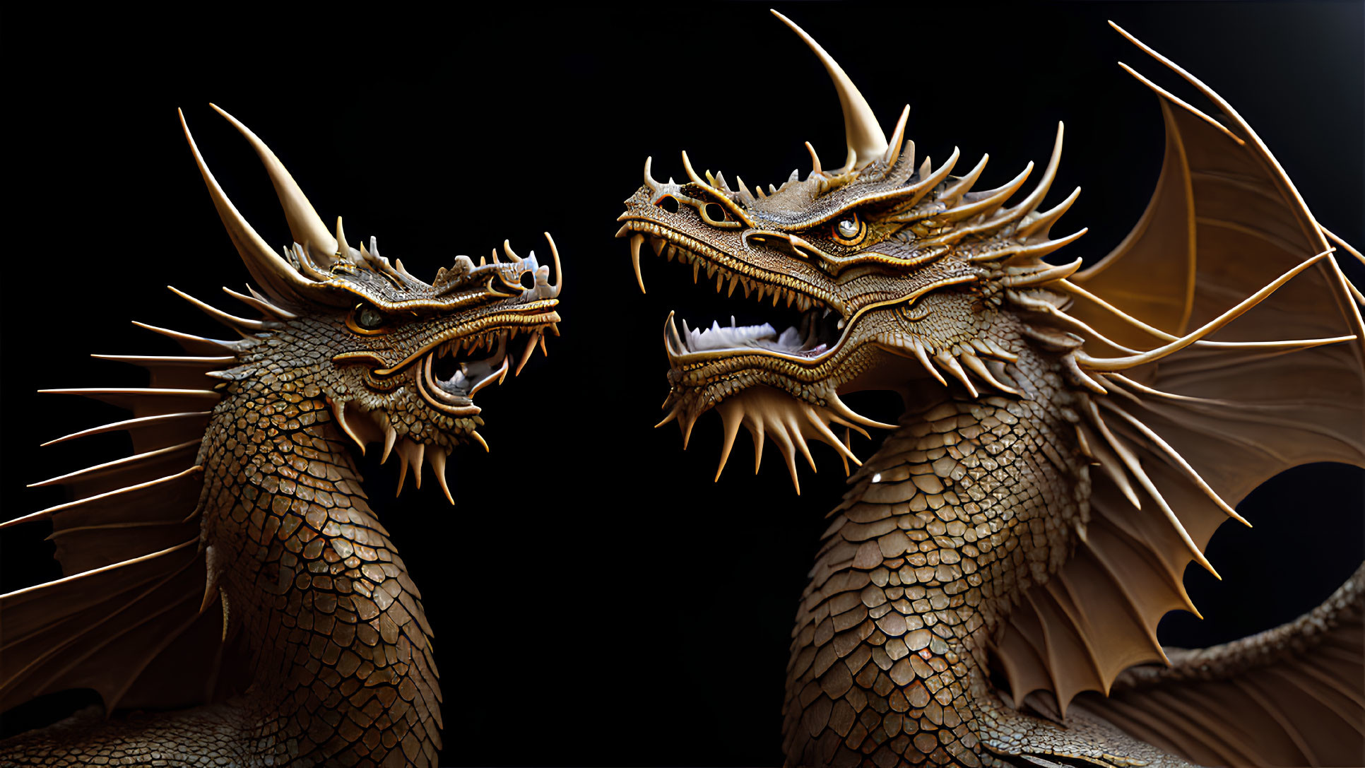 Two fierce dragons with sharp horns and scales facing off on dark background