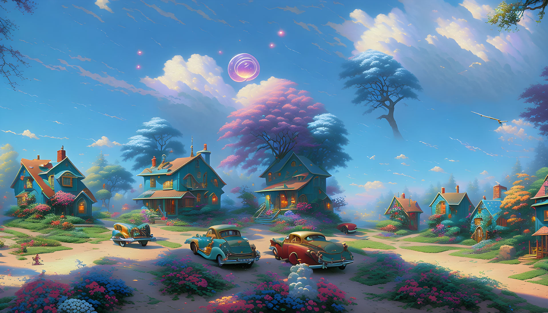 Colorful village scene with vintage cars and celestial ring