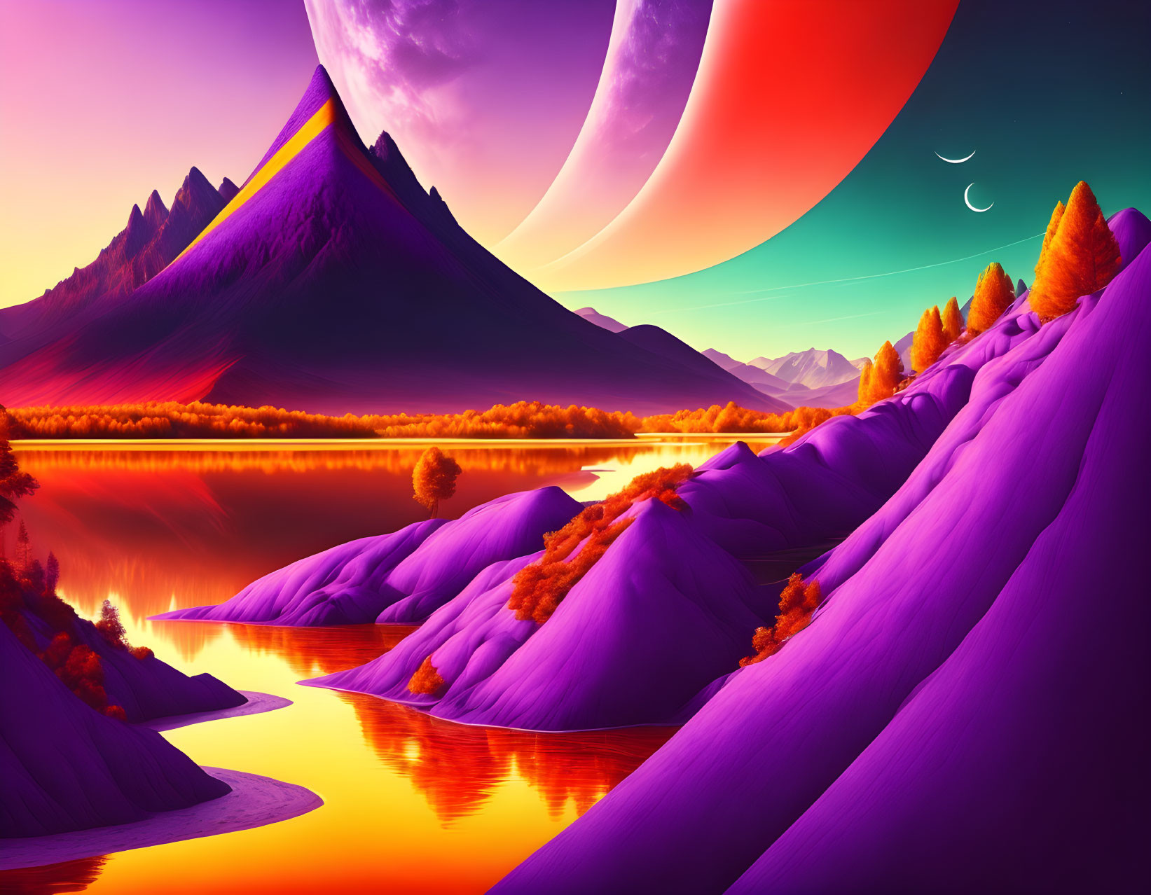 Fantasy landscape with purple mountains, orange river, autumn trees, celestial bodies