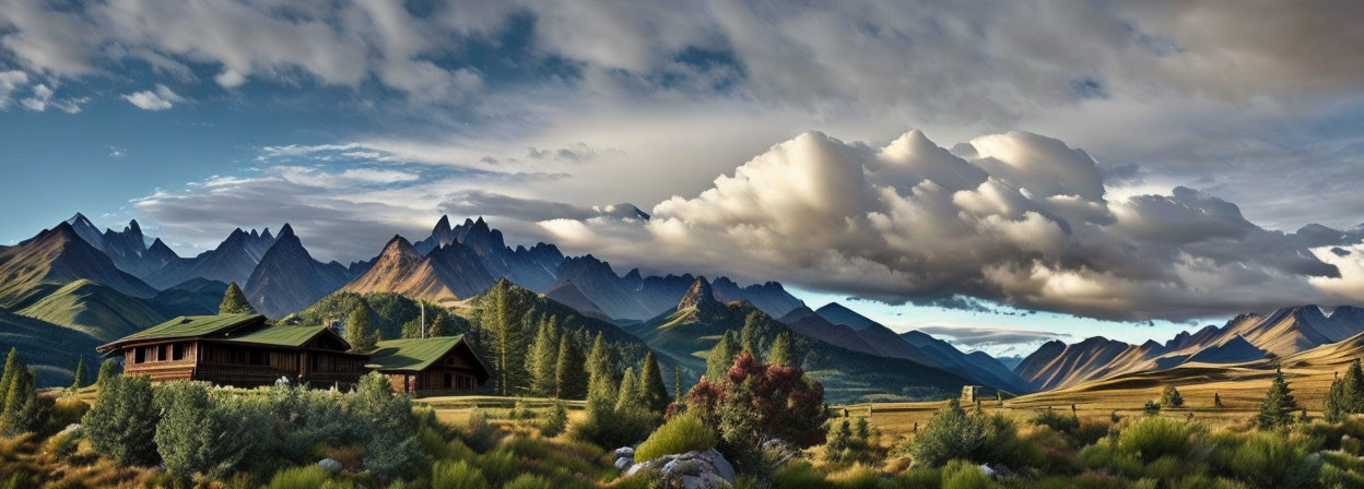 Serene landscape with cabin, hills, mountains, and dramatic sky