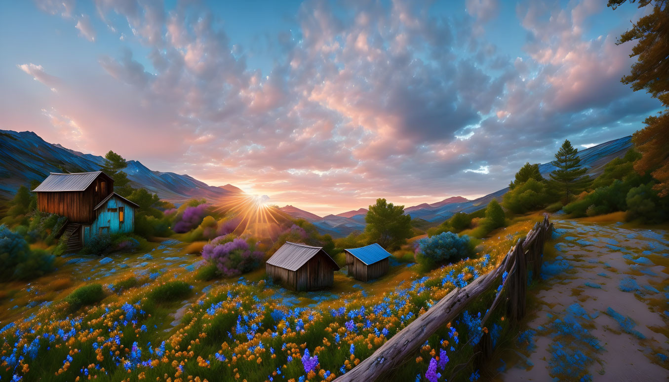 Scenic sunset over mountain landscape with cabins and wildflowers