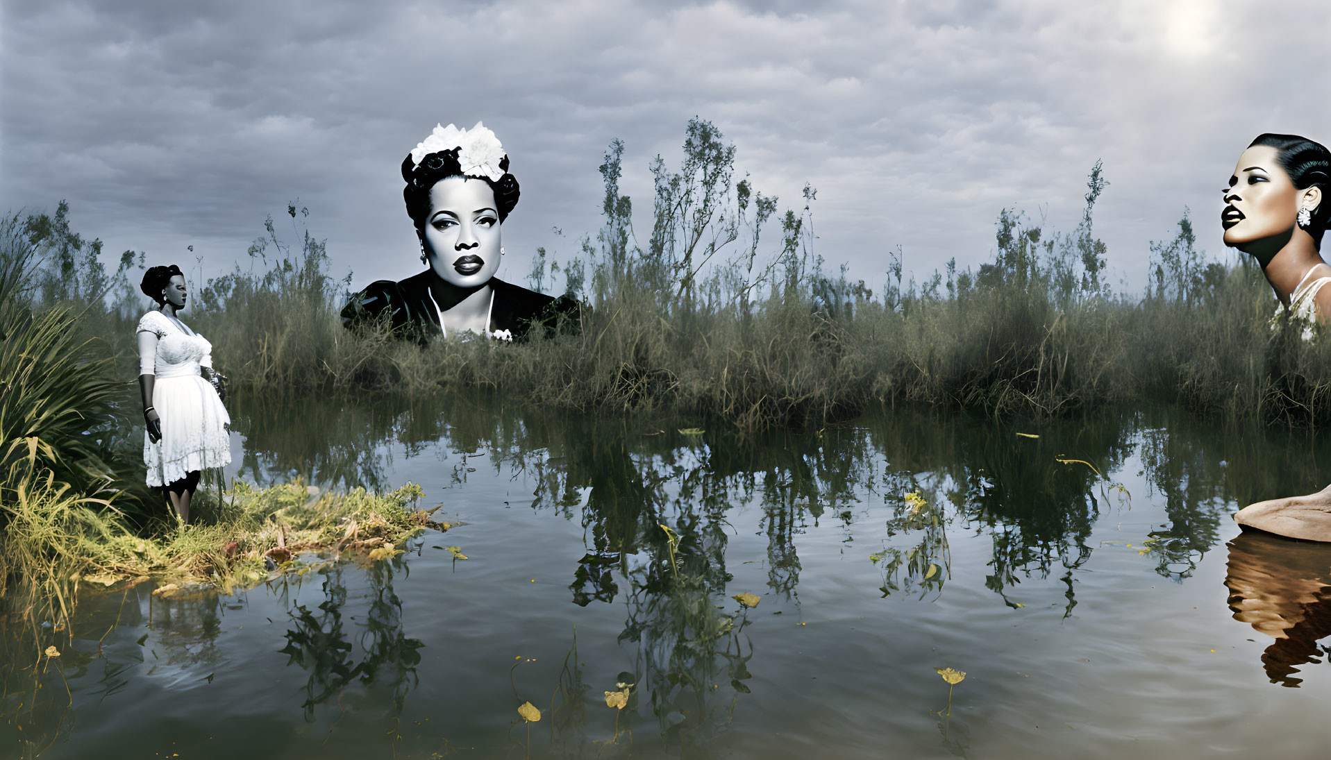 Three artistic depictions of women by reflective water and wild grass under cloudy skies