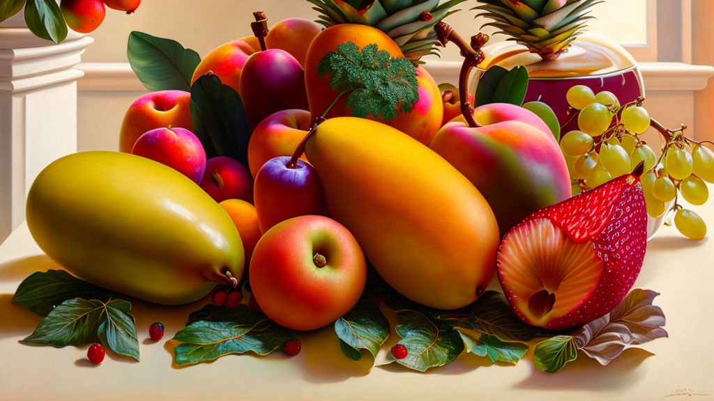 Colorful Fruit Still Life Painting with Mangoes, Apples, Grapes, and Strawberry