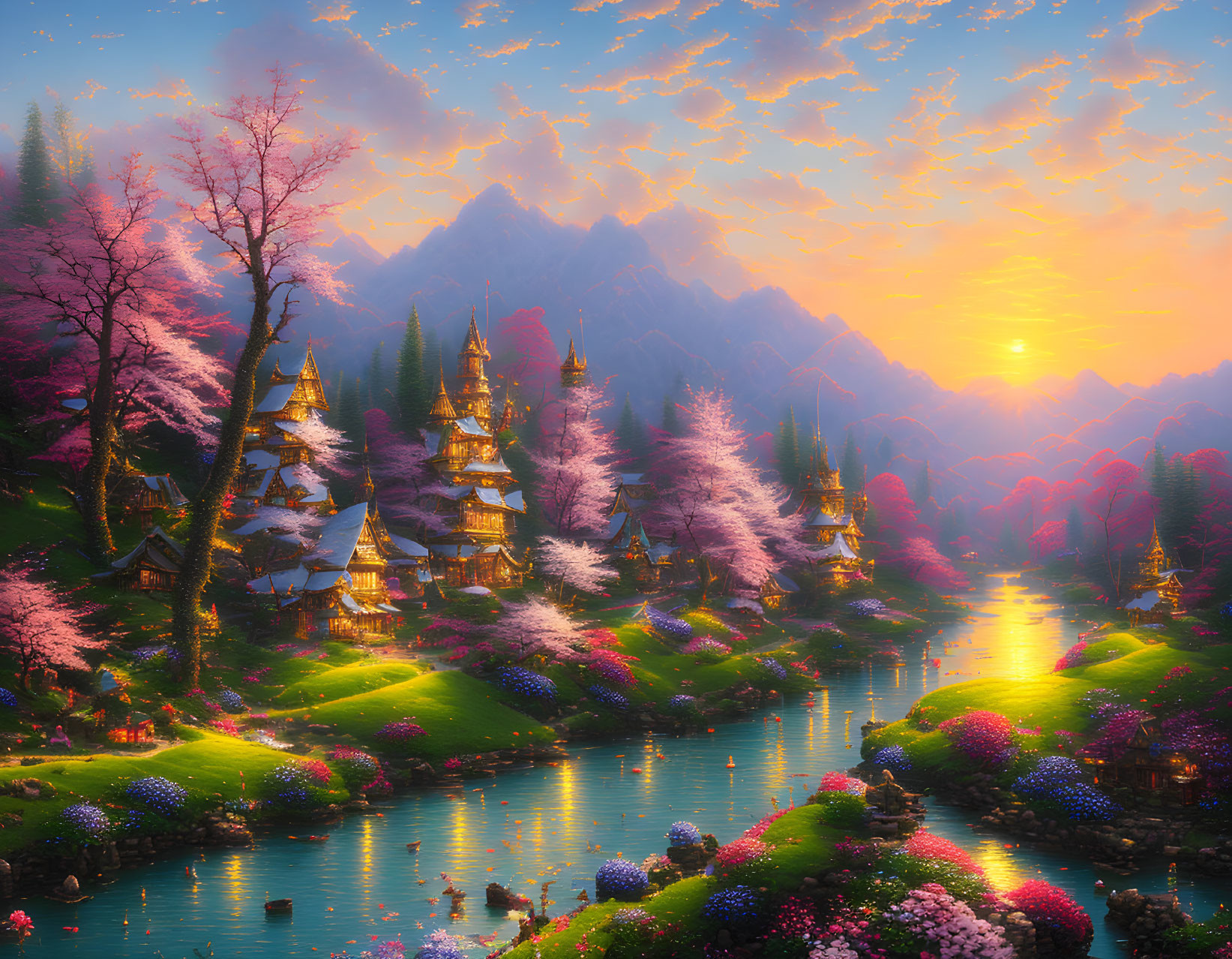 Tranquil fantasy landscape with cherry blossoms, pagodas, river, mountains at sunset