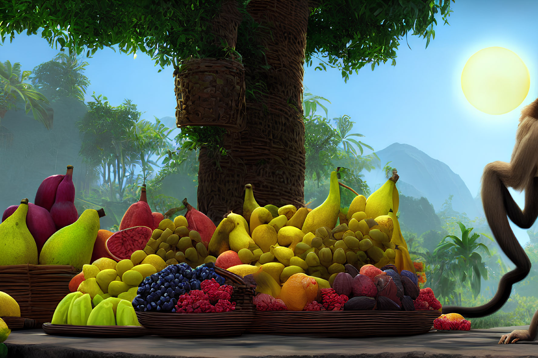 Assorted Fruits in Baskets with Monkey, Mountains, and Sunset