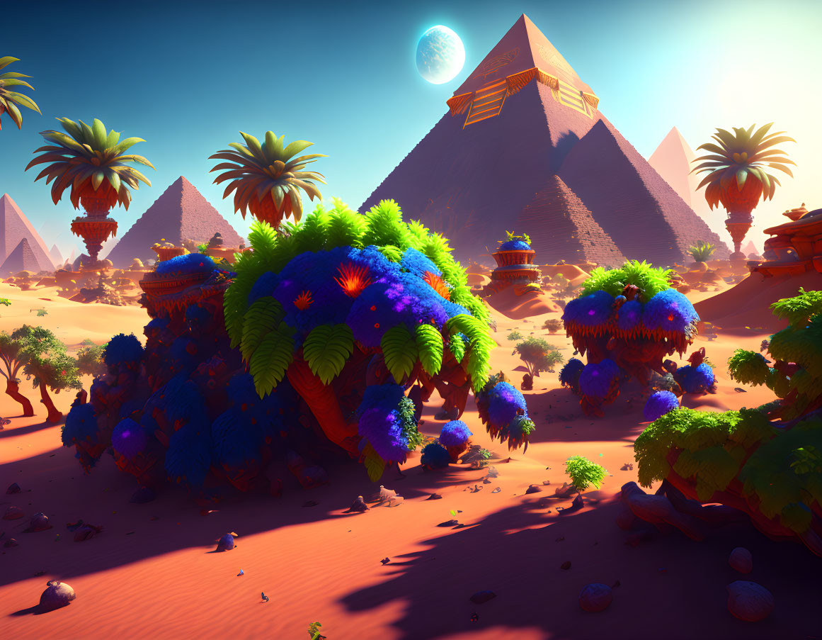 Colorful Surrealist Desert Landscape with Pyramids and Giant Moon