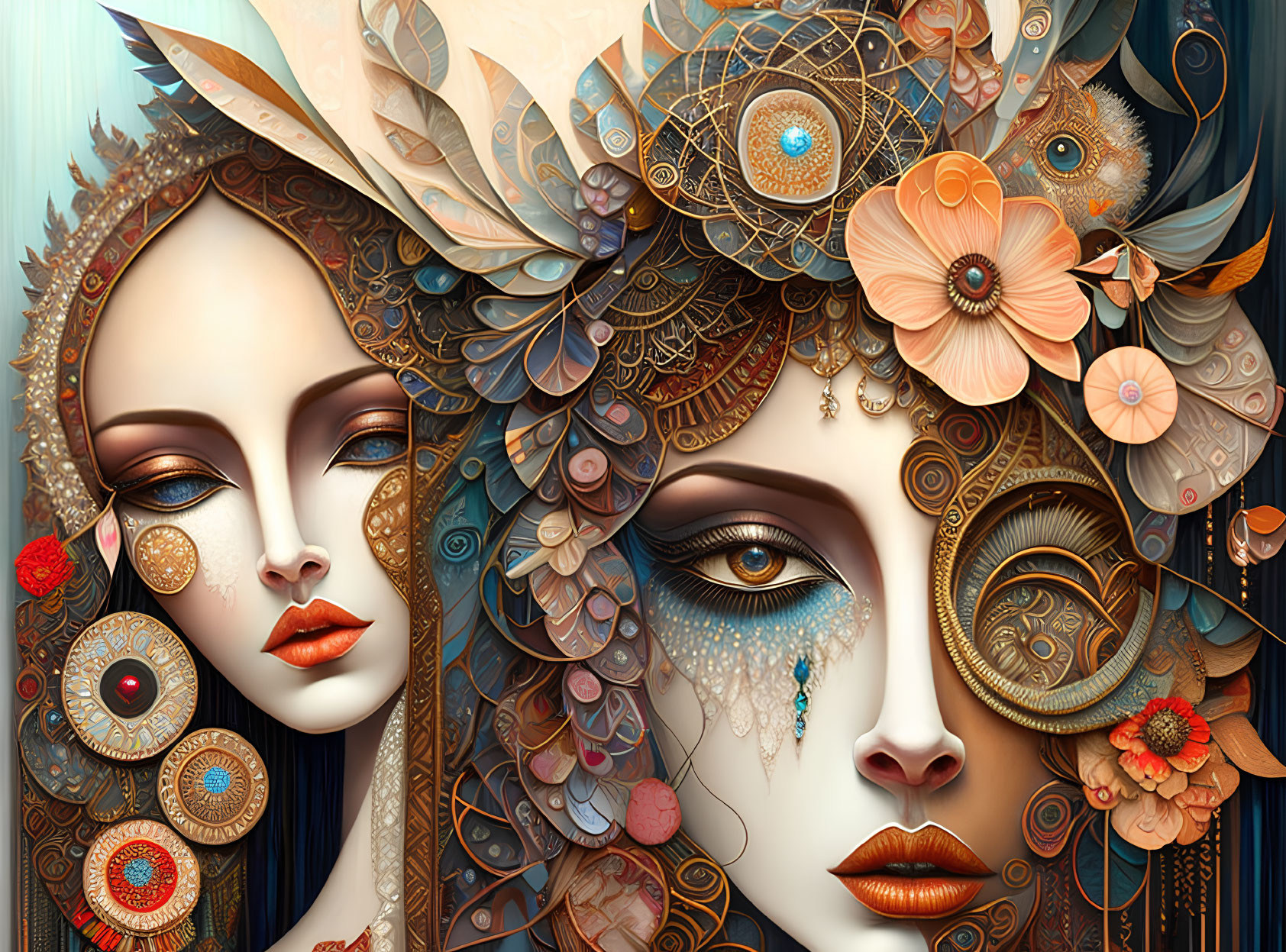 Surreal digital artwork: Two female faces with floral and mechanical elements on blue background