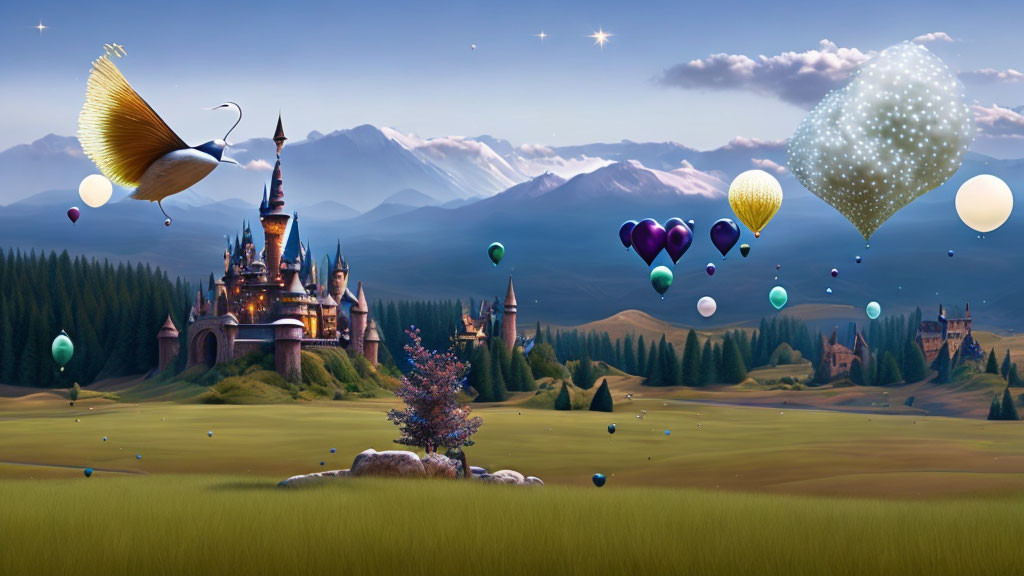 Whimsical castle, colorful balloons, bird with leaf-like wings in fantastical landscape