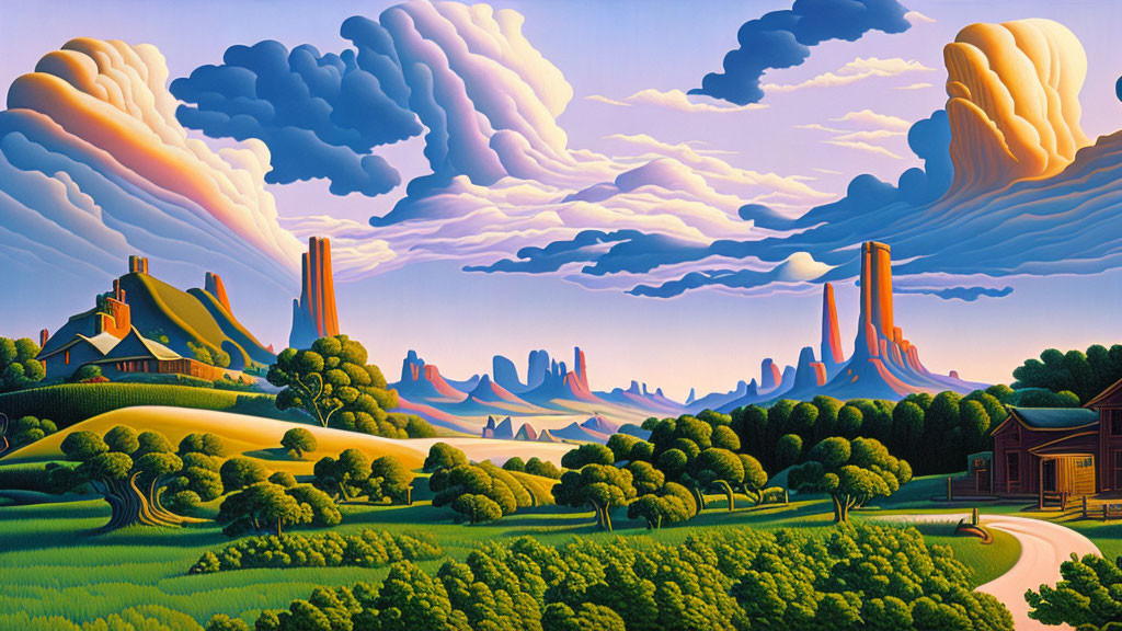 Stylized landscape with green hills, road, barn, and fantastical clouds