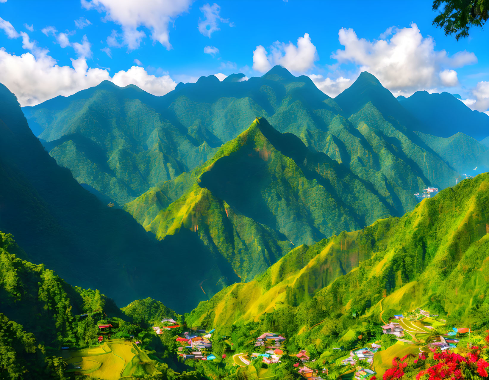 Vibrant flowers and village in lush green mountain landscape