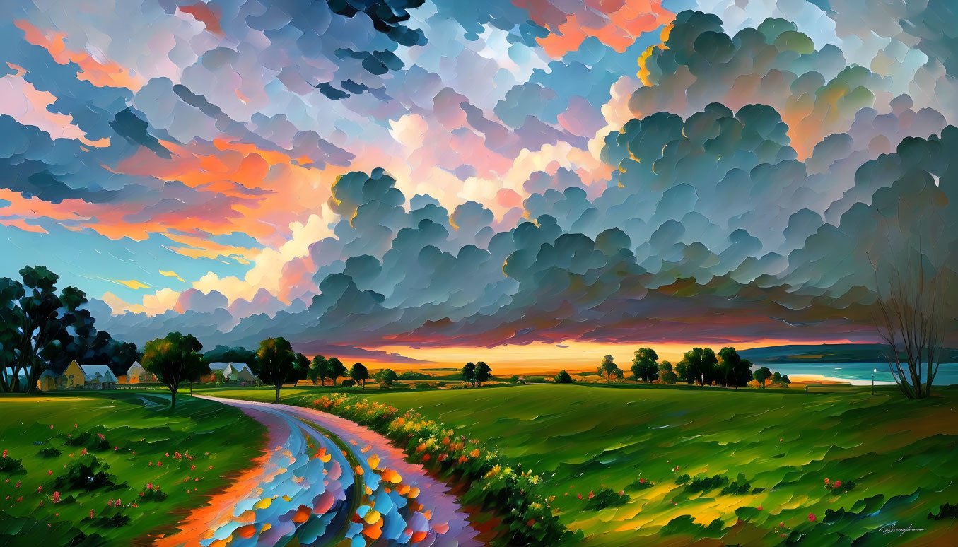 Colorful stylized landscape with dramatic sky over winding road.