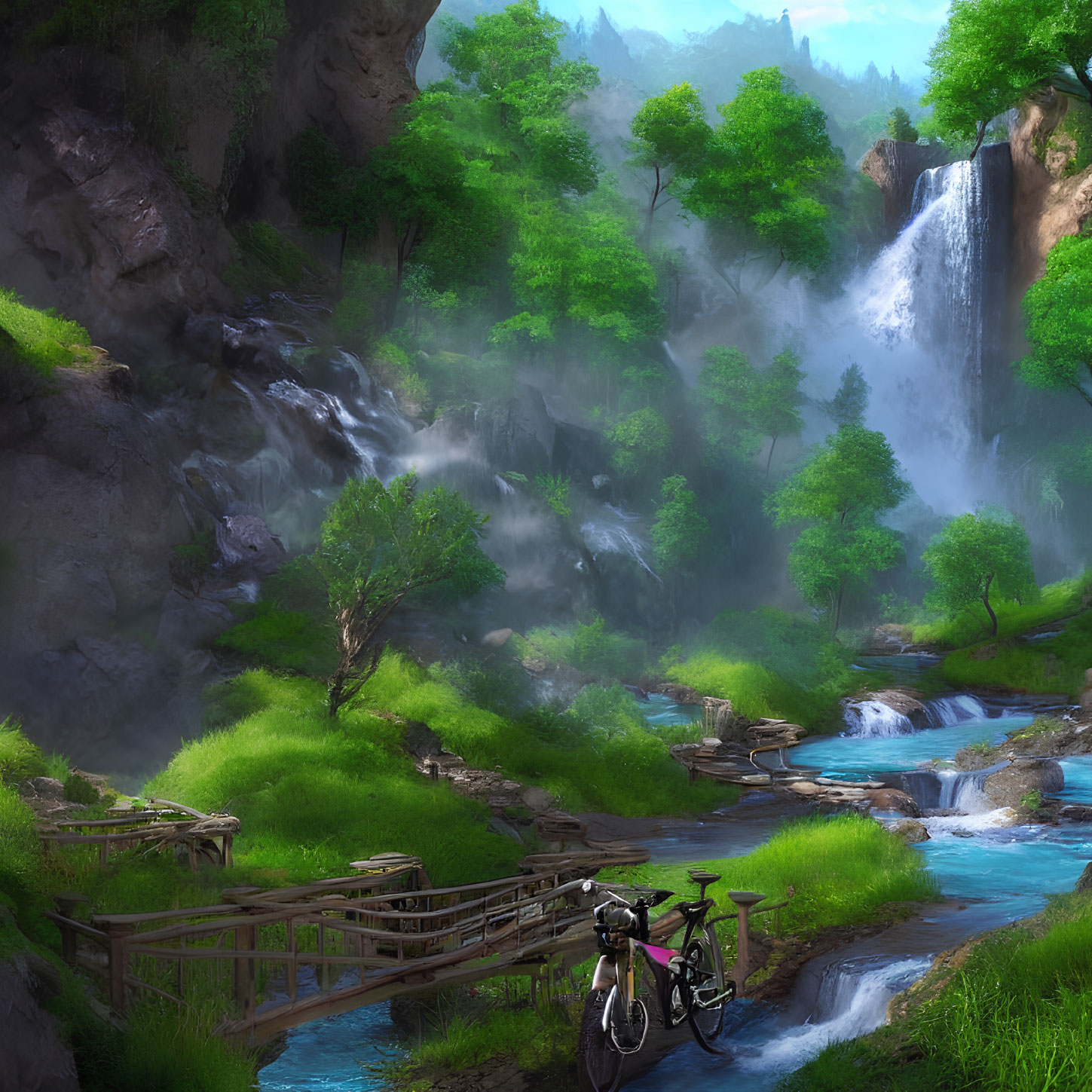 Tranquil landscape with waterfall, greenery, bridge, and bicycle