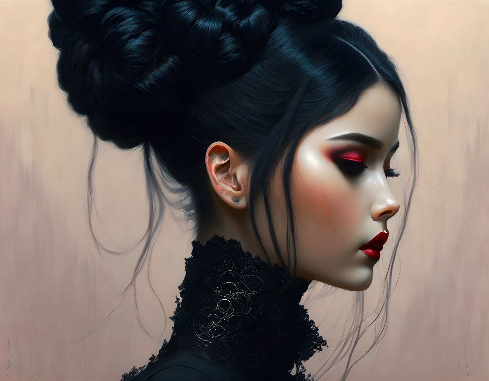 Portrait of Woman with Elegant Updo and Bold Red Eyeshadow